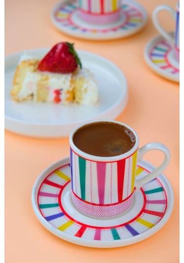 Tabak Evi Porselen Color Stripe Kahve Fincan Takımı 90cc 2 Kişilik 4 Parça Çok Renkli