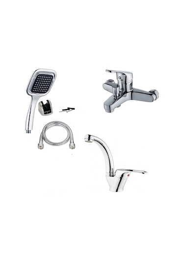 Moonshop 3'lü Set Banyo Bataryası Lavabo Bataryası Kare Duş Seti