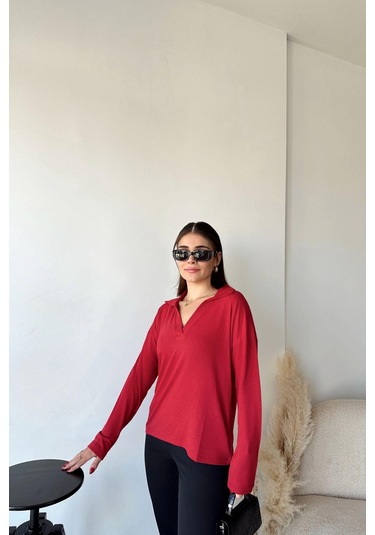 Kadın Kırmızı Polo Yaka Basic Bluz, Uzun Kol, Regular Kesim, Günlük Ve Spor Sweatshirt Kırmızı