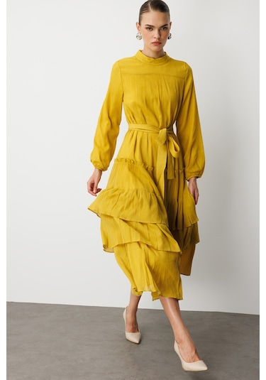 Hardal Mizalle Kat Pileli Maksi Koyu Sarı Elbise Sarı