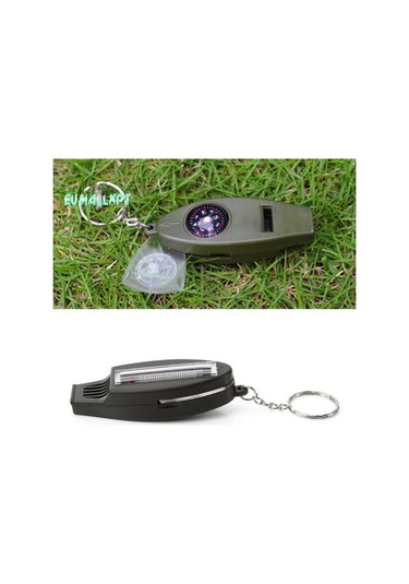 Acil Durum Düdüğü Pusula Büyüteç Termometre Net Ses Anahtarlık Tasarımı 4'ü 1 Arada Siyah