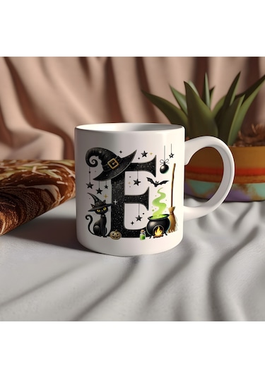 E Harfli Halloween Kedili Figür Kupa Bardak - Şapkalı Ve Kazanlı İsme Özel Kupa - Hediye 07 Beyaz