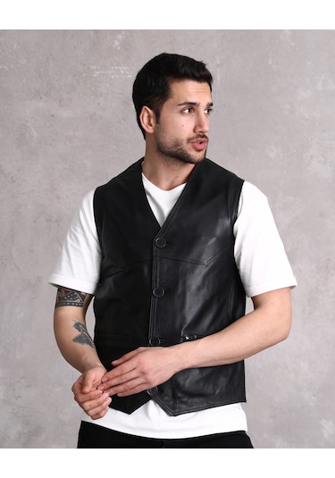 Hakiki Deri Yelek Yandan Cepli Erkek Siyah