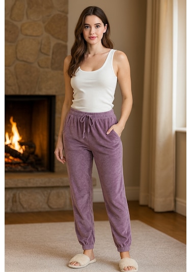 Kadın Paçası Lastikli Cep Detaylı Kadife Kumaş Tek Alt 503 Lila Lila