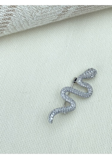 Kyver Yılan Model Full Zirkon Taşlı Broş Silver
