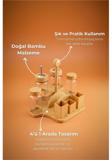 Bambum Mima - Peçetelik Ve Baharatlıklı 2'li Yağdanlık Küçük Ahşap