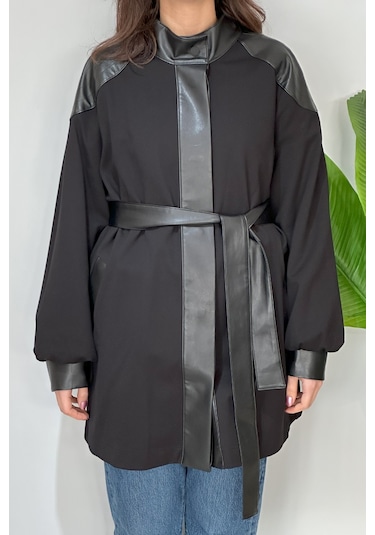 Nuss Çıtçıtlı Deri Detaylı Ceket Kap 6004 Siyah Siyah