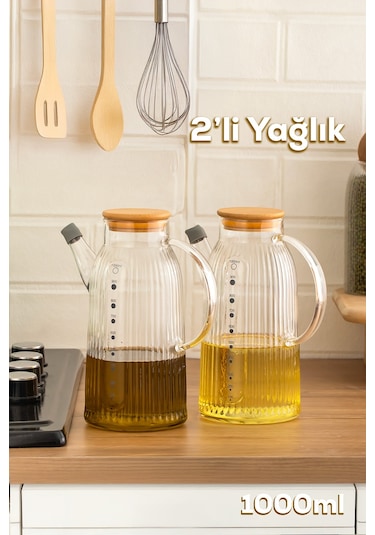 Porsima 2091 Bambu Kapaklı Vakumlu Ölçekli Borosilikat Cam 2li Yağdanlık Yağlık Sirkelik Seti 1000ml Şeffaf