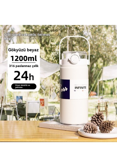 Gıda Sınıfı 316 Paslanmaz Çelik Büyük Kapasiteli Termos Bardak,1100 Ml Fildişi Beyazı