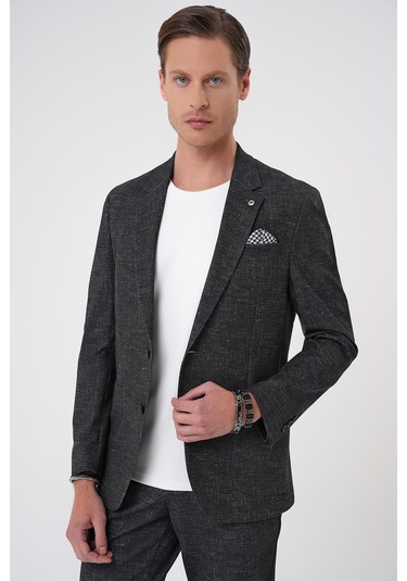 Comfort Fit Mono Yaka Çift Yırtmaç Torba Cep Casual Siyah Ceket C 701 Siyah
