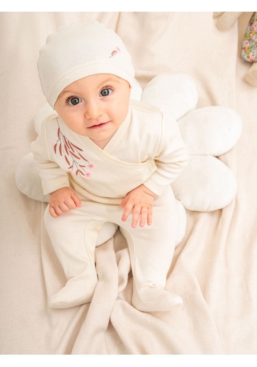Kd43316.organik Sertifikalı Nakışlı Kız 3lü Takım 0-1/1-3/3-6/6-9ay Ekru
