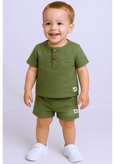 Erkek Bebek Şortlu Takım Bisiklet Yaka Düğmeli Düz Renk Haki