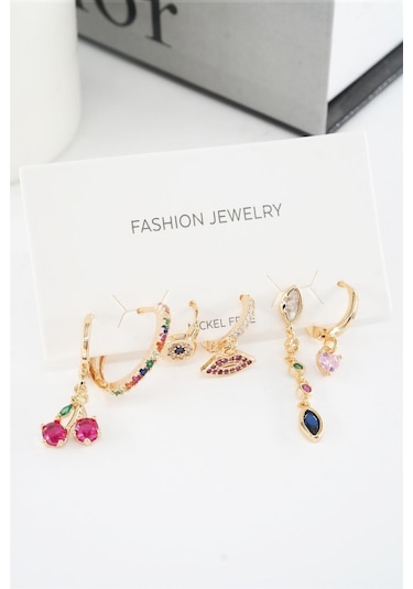 Kadın Vip Seri Mix Zirkon Taşlı 6'lı Küpe Seti - Altın