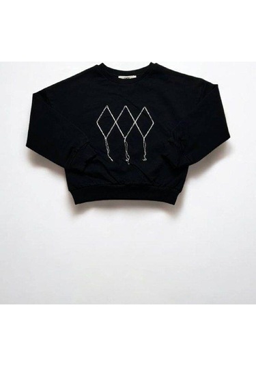 Kız Çocuk Mevsimlik Pamuklu İki İplik Zincirli Sweatshirt-15447 Siyah