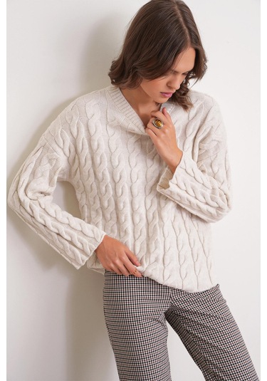 6973 Kadın Saç Örgülü Regular Basic Triko Kazak Taş Taş