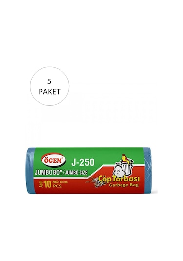 J-250 Jumbo Boy Çöp Torbası 80 X 110 Cm 10 Lu Rulo X 5 Paket 50 Adet Mavi