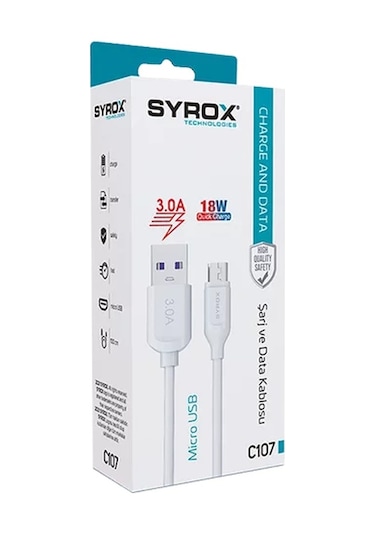 Syrox C107 18 W Micro USB Şarj Ve Data Kablosu Beyaz