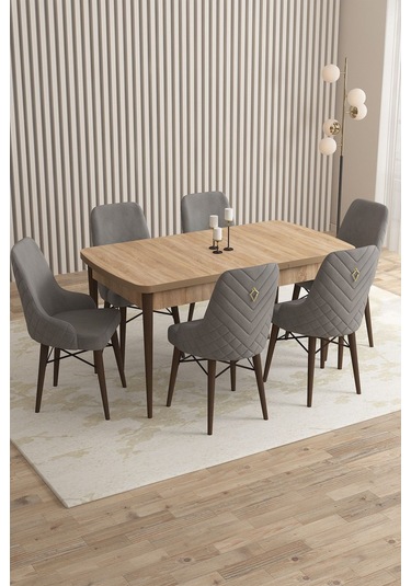 Mazaka Meşe Desen 80x132 Açılabilir Mdf Masa Yemek Odası Takımı, Mutfak Takımı 6 Adet Sandalye Gri