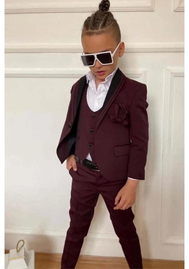 Riccotarz Erkek Çocuk Yakası Şerit Detaylı Cepken Yelekli Blazer Ceketli Bordo Takım Elbise Bordo