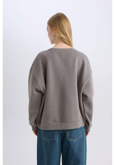 DeFacto Coool Oversize Geniş Kalıp Bisiklet Yaka Baskılı Kalın Sweatshirt D5385AX24AUGR310 Gri