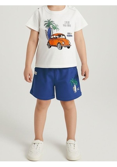 Erkek Bebek Pamuklu Araba Baskılı Şortlu Takım-15827 Beyaz