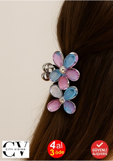 Karışık Renkli Taşlı Çiçek Gümüş Detaylı Metal Mandal Toka 4 Cm Çok Renkli