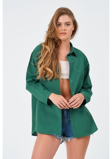 Kadın Koyu Yeşil Oversize Uzun Basic Gömlek Koyu Yeşil