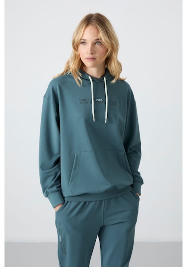 Tommy Life Orman Yeşili Kapüşonlu Kanguru Cep Oversize Lastik Paça Kadın Eşofman Takımı - 95288 Yeşil