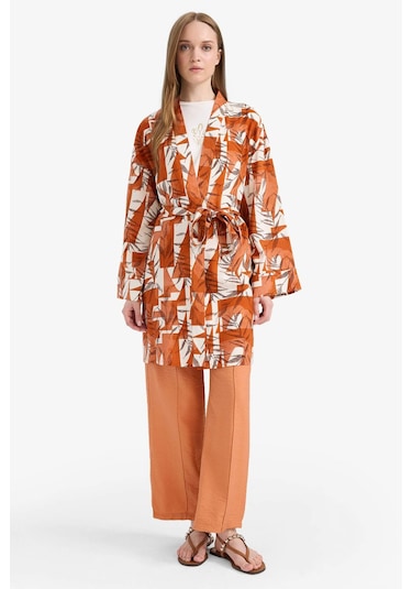 Defacto Relax Fit Bisiklet Yaka Desenli Viskon Kimono E7262ax25smog613 Turuncu