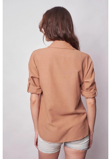 Kadın Keten Düşük Omuzlu Yakalı Kapri Kol Apoletli Gömlek -camel CAMEL
