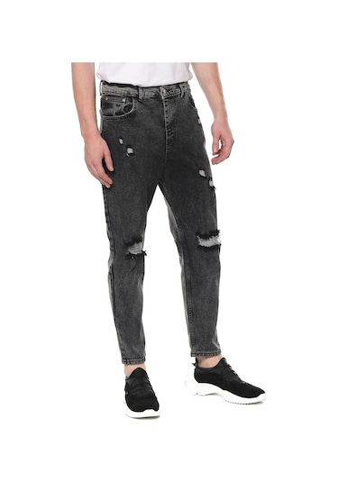 Bol Kesim Yırtıklı Erkek Kot Pantolon Siyah
