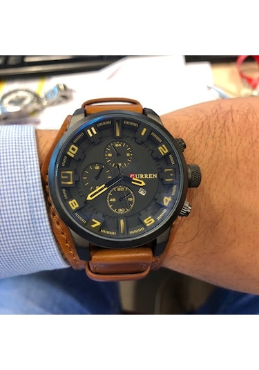 Curren M8225 Askeri Deri Quartz Erkek Kol Saati Siyah Sarı