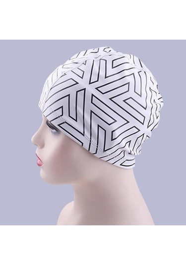 Beyaz Geometrik Baskı Daralan Trim Rahat Unisex Yüzme Şapkası Yetişkin Kulak Koruyucu Yüzme Havuzu Şapka Yüzme Aksesuarları Beyaz