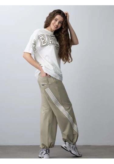 Kız Çocuk Future Baskılı Çizgili Oversize Eşofman Takım-15537 Yeşil