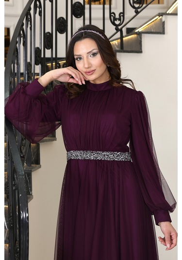 Alia Şık Taş Detaylı Büyük Beden Tesettür Abiye - Alya Mürdüm