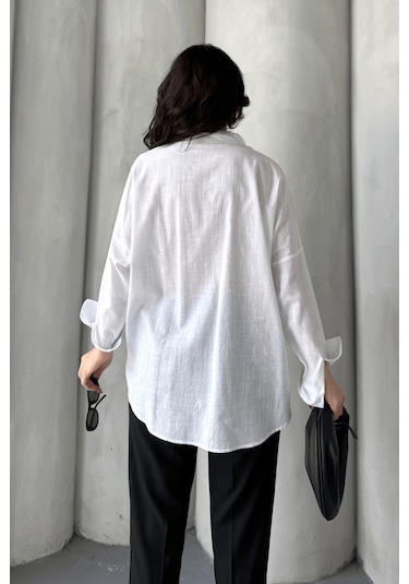 Paw Garage Kadın Harper Çift Cepli Oversize Keten Gömlek, 2025 Summer Collection Beyaz