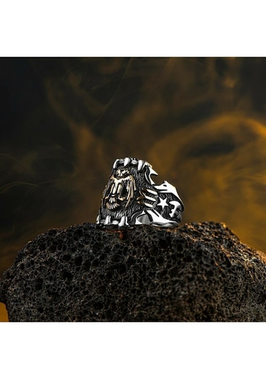 Takılingo Selçuklu Kartalı İşlemeli Yanları İyi Motifli Erkek Yüzük Gümüş