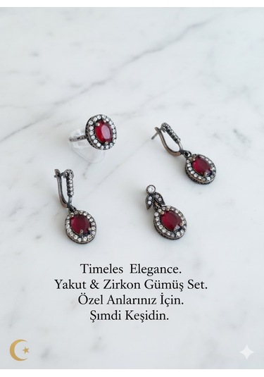 Yakut Taşlı Ve Zirkon Süslemeli Gümüş Set Bronz