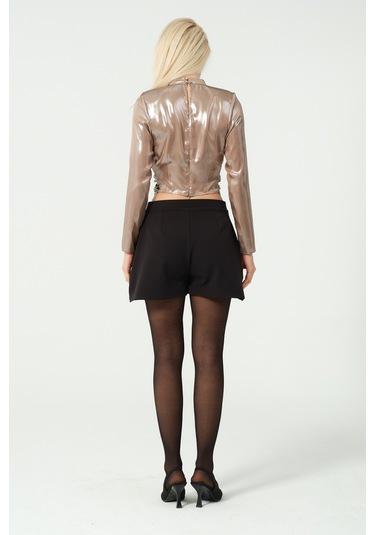 S'amore Clothing Asimetrik Crop Bluz Metalik Metalik Gold