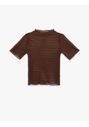 Koton Regular Fit Kısa Kollu Bisiklet Yaka Yarı Transparan Tişört Kahverengi 6sak50009ek Kahve