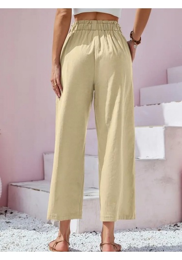Modaserdem Kadın Bel Büzgü Ve Düğme Detay Kapri Keten Pantolon Bej