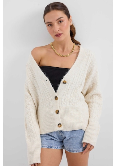 Gabria Örgülü Düğmeli Hırka Ekru