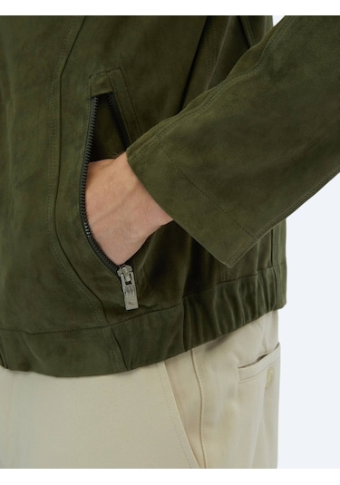 Haki Regular Fit Dik Yaka Smart Casual Deri Mont Haki