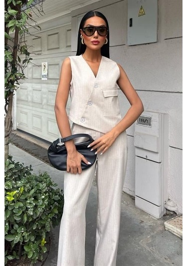 Yeleği Çapraz Detay Düğmeli Cepli Yelekli Takım 10150 Altın