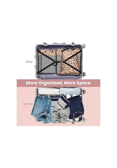 Fochsia 6lı Seyahat Sıkıştırma Paketleme Küpleri Çanta Bavul Düzenleyici Pembe Leopar Desen Ahşap