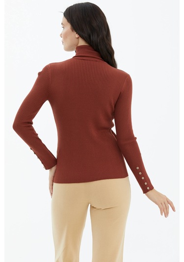 Tam Balıkçı Yaka Düğmeli Triko Kazak  - Kiremit