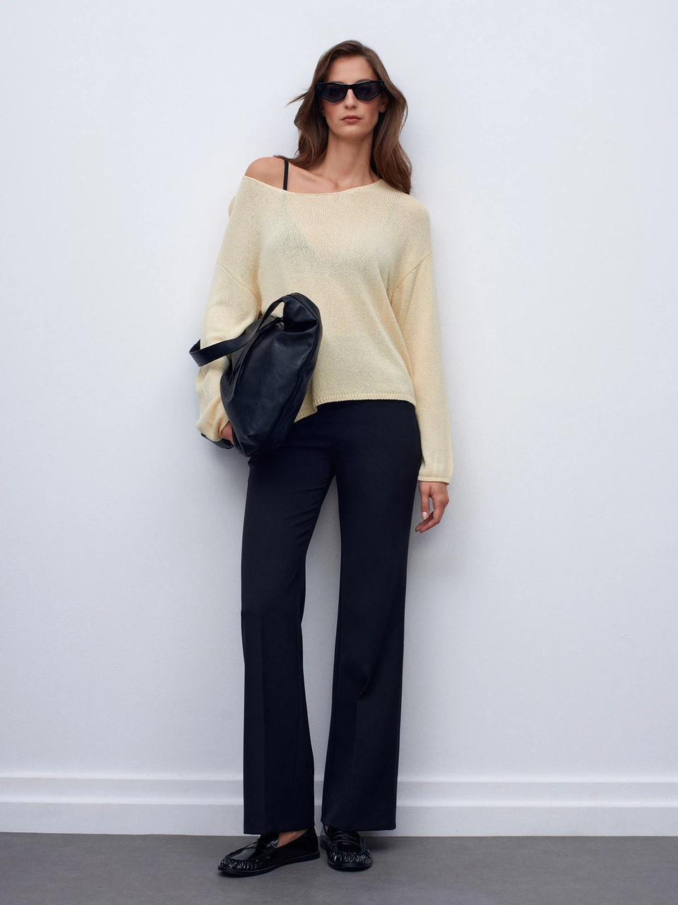 10706 Oval Yaka Dökümlü Kazak-açık Sarı Açık Sarı