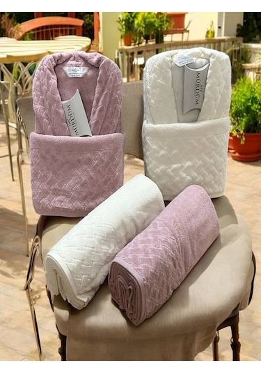 Banyo Çeyiz Seti, %100 Pamuk Bornoz Takımı, 8 Parça Aile Bornoz Seti, Havlu & Havlu Seti Pembe-krem Pembe
