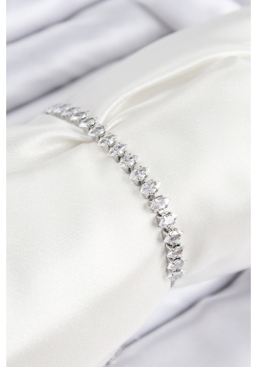 Pirinç Zirkon Taşlı Damla Model Gümüş Renk Asansörlü Kadın Bileklik - Tj-bb7740 Diğer