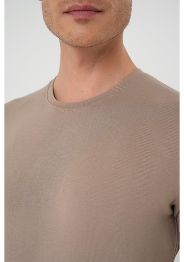 Slim Fit Bisiklet Yaka Düz Pamuklu Vizon Tişört Ts 823 Vizon